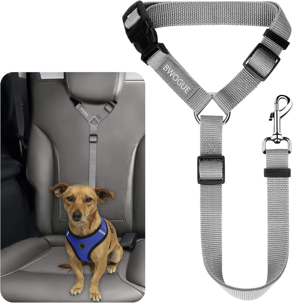 BWOGUE Dog Seat Belt for Car, Headrest Restraint Lead, Non-Elastic, Gray