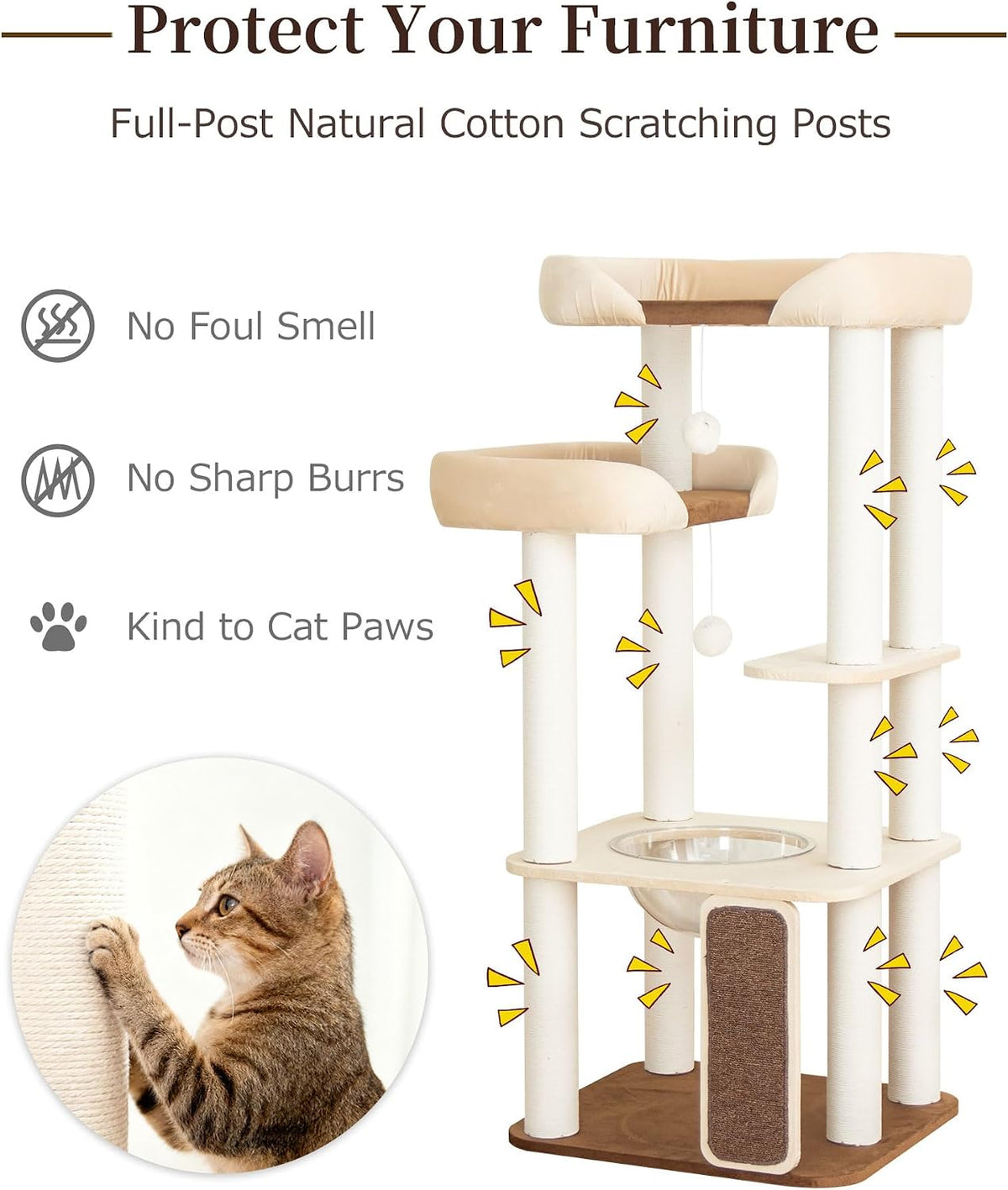 53" Cat Tree Tower for Large Cats, Large Perch & Sisal Board