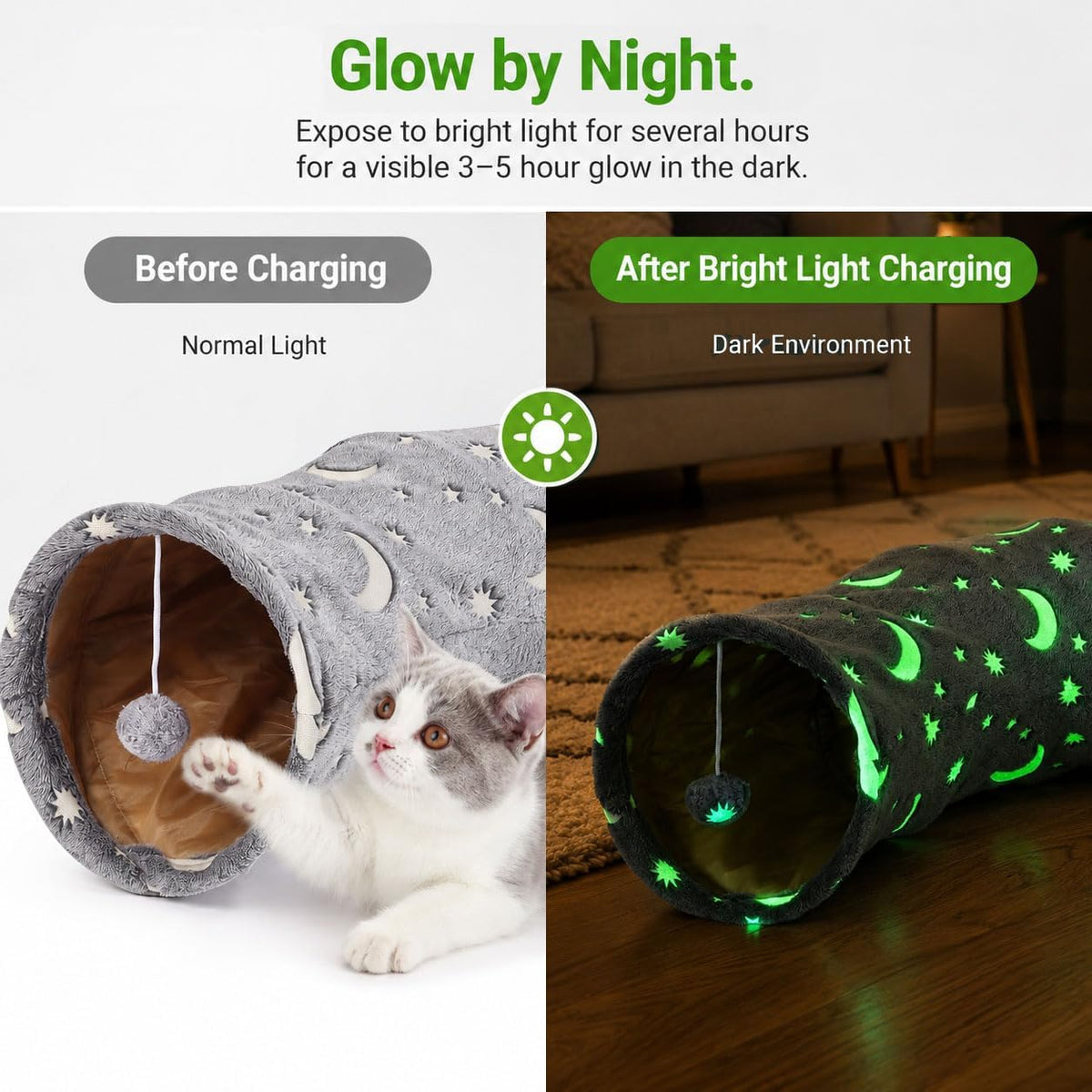Cat Tube Tunnel with Plush Ball Toys Collapsible Self-Luminous, for Cat Small Pets Bunny Rabbits, Kittens, Ferrets,Puppy and Dogs Grey Moon Star 3 Way