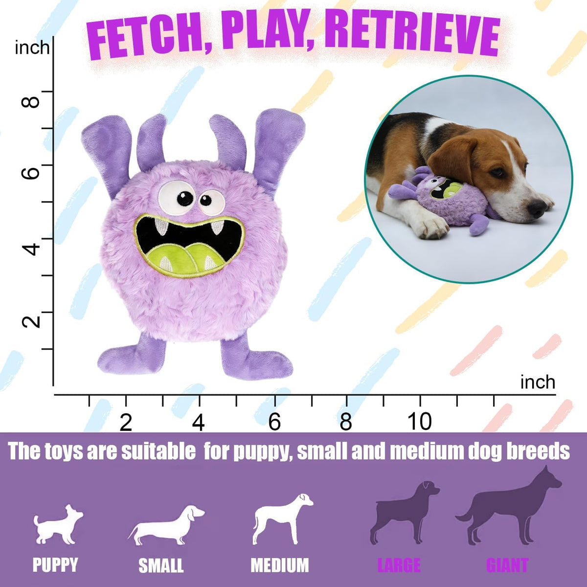 Monster Stuffed Squeaky Dog Toy, Crinkle Dog Plush Toy, Purple | Soft Lightweight Toy for Fetch and Chew, Interactive Outdoor Indoor Play for Tug, Birthday Gift, For Puppy Small Medium Dog