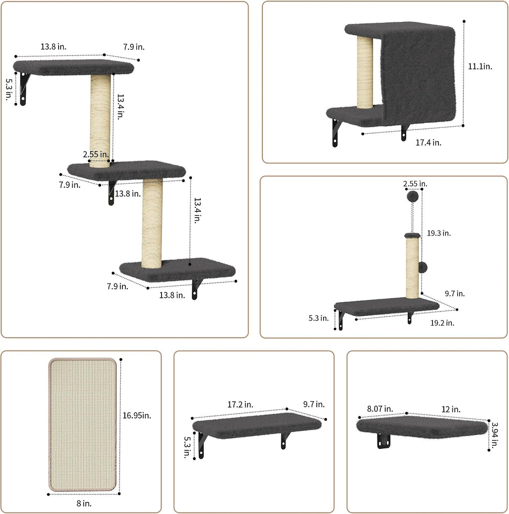 Cat Wall Shelves for Large Cats, Stable & Safe Kitty Walls Furniture Set for 40LBS Cats with Wooden Cat Climber,House, Bridge, Tree, Steps, and Scratcher for 16 Inch Drywall (Black, 6-in-1)