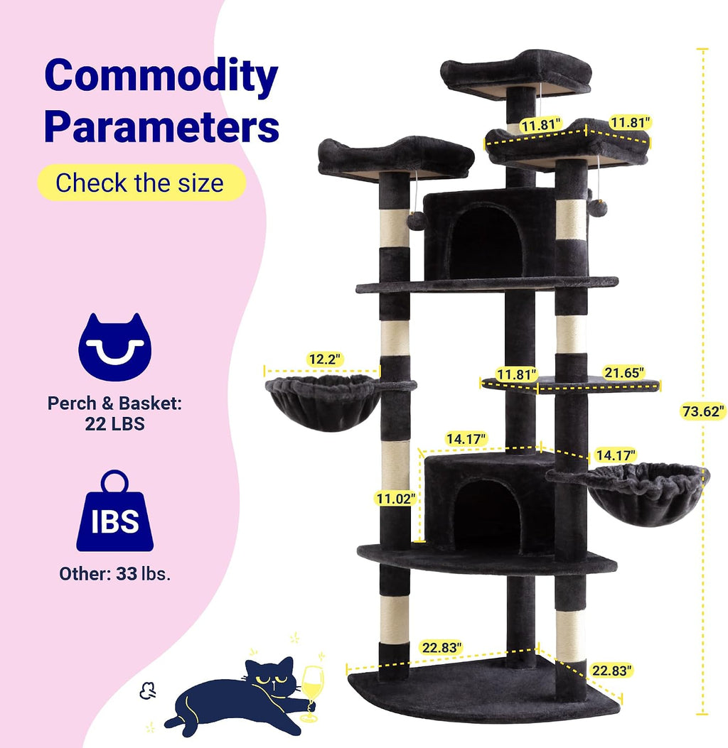 Allewie 73in Fan-Shaped Space-Saving Corner Cat Tree Tower, Dark Grey