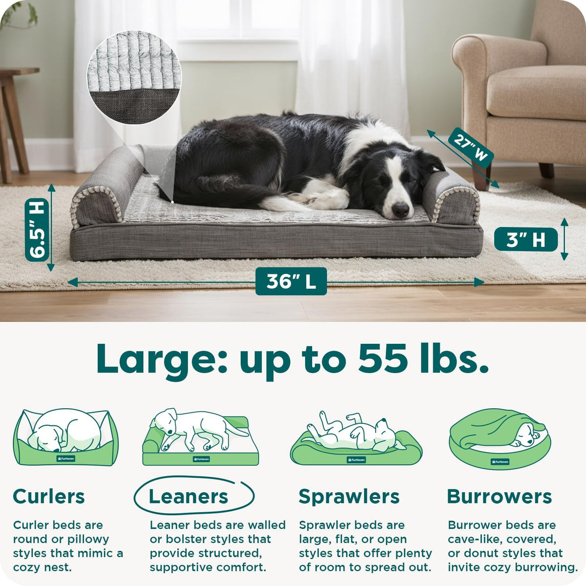 Furhaven Orthopedic Dog Bed for Large/Medium Dogs w/ Removable Bolsters & Washable Cover, For Dogs Up to 55 lbs - Luxe Faux Fur & Performance Linen Sofa - Charcoal, Large
