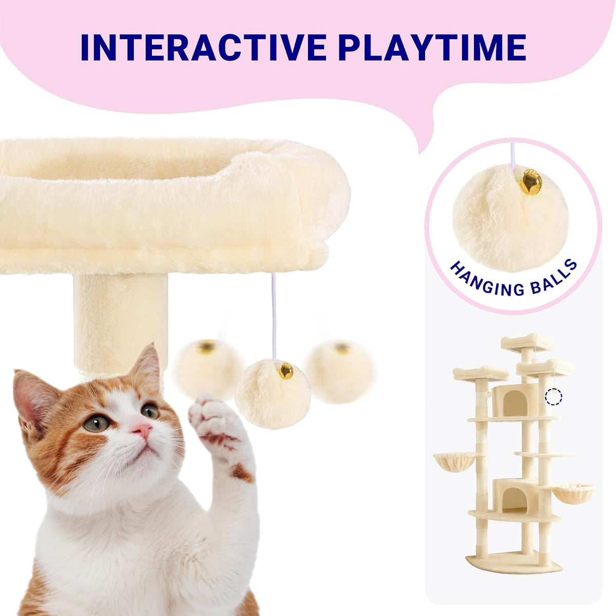 Allewie 73in Fan-Shaped Space-Saving Corner Cat Tower/Multi-Level Tall Cat Tree for Indoor Kitties/Cozy Baskets/Condos/House/Perches/Sisal Scratching Posts/Pet Activity Center/Beige