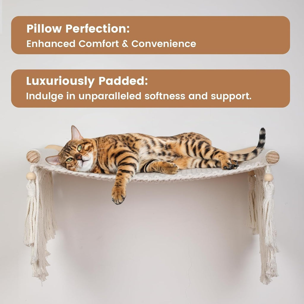 Macrame Cat Wall Shelves & Hammock - Comfy Cat Beds with Window Perch for Indoor Cats, Sleeping & Climbing, Cotton Rope, Natural Wood, Maximum Hold up to 30lb, Beige White