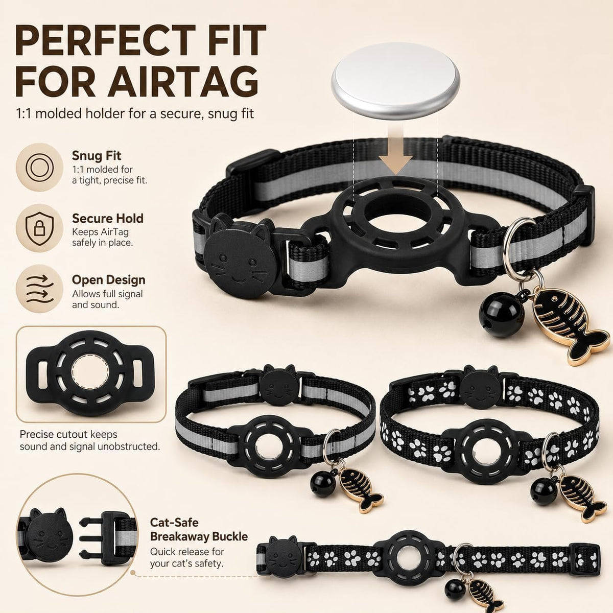 Cat Collar Breakaway 2packs, Reflective Kitten Collar with Apple Air Tag Holder and Bell for Girl Boy Cats, 0.4 Inches in Width and Lightweight (Black)