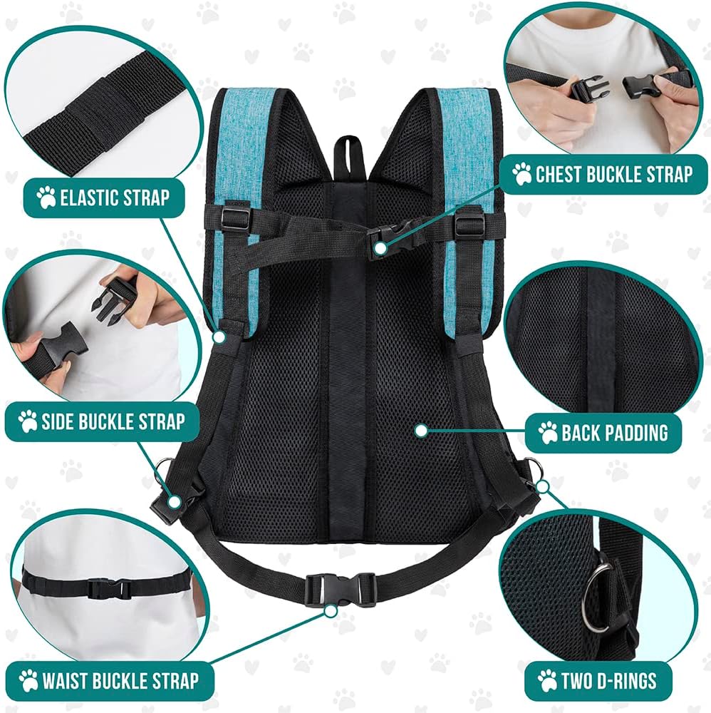 PetAmi Adjustable Cat & Dog Chest Carrier Backpack, Ventilated for Hiking & Camping, Max 15 lbs, Teal Blue