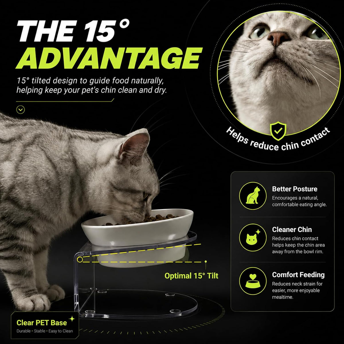 LivLab Mker Raised Cat Bowl, 15° Tilted, 4.5 in High, White | 15° tilted shallow melamine bowl on a 4.5 in raised stand supports comfortable feeding and reduces whisker contact.