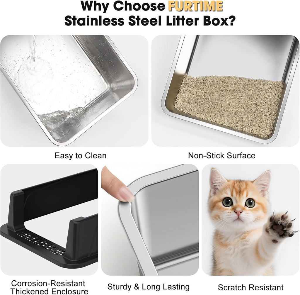 FURTIME Stainless Steel Cat Litter Box, Small Cats Metal Litter Box