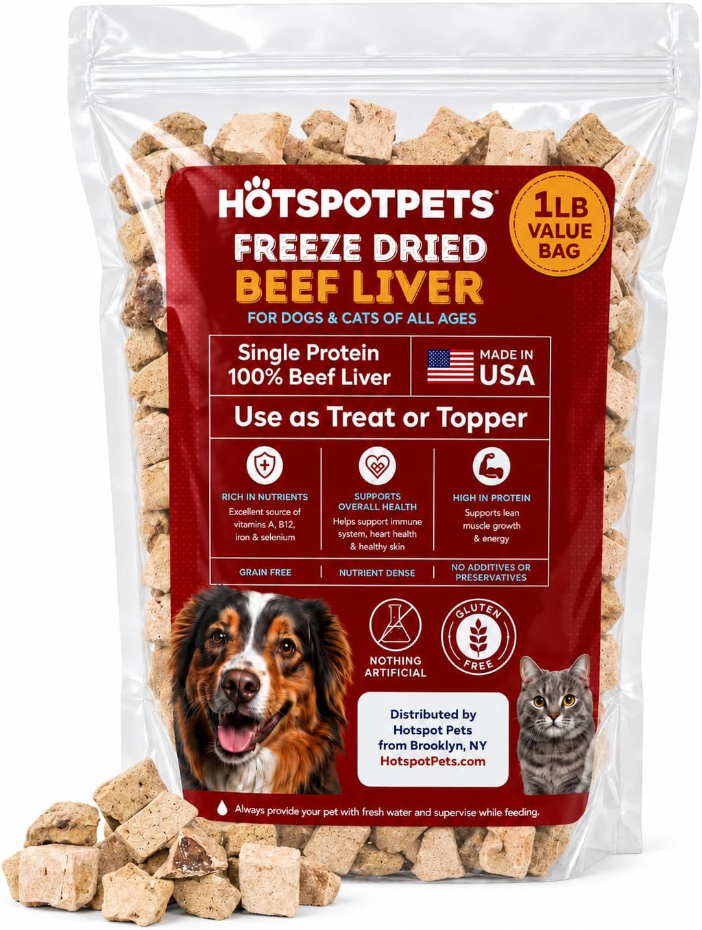 hotspot pets Freeze Dried Beef Liver Treats for Cats & Dogs - 1LB Big Bag 300+ Pcs - Made in USA, Single Ingredient, All Natural Grain-Free Beef Liver - Perfect for Training, Topper or Reward Snack