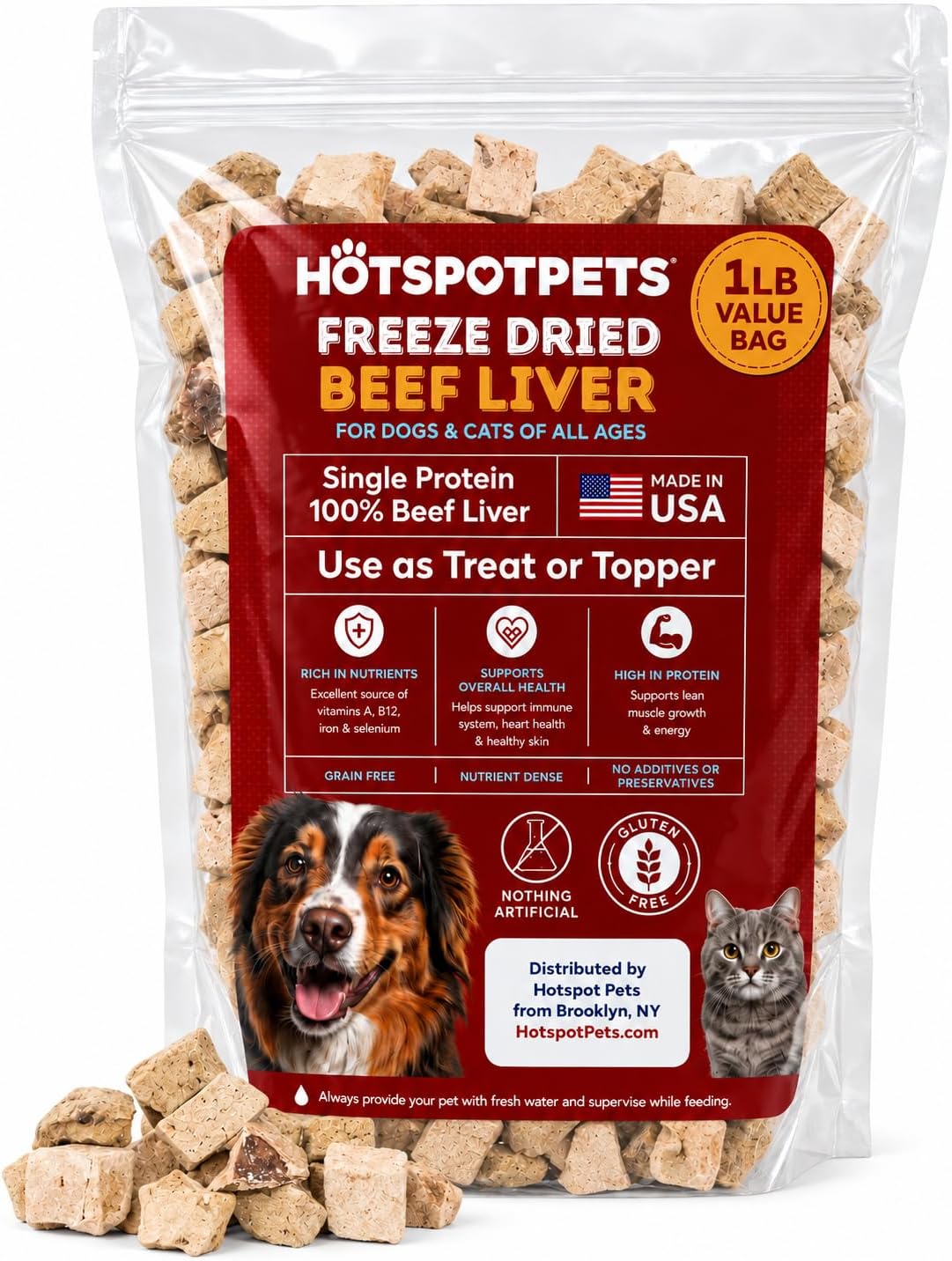 hotspot pets Freeze Dried Beef Liver Treats for Cats & Dogs - 1LB Big Bag 300+ Pcs - Made in USA, Single Ingredient, All Natural Grain-Free Beef Liver - Perfect for Training, Topper or Reward Snack