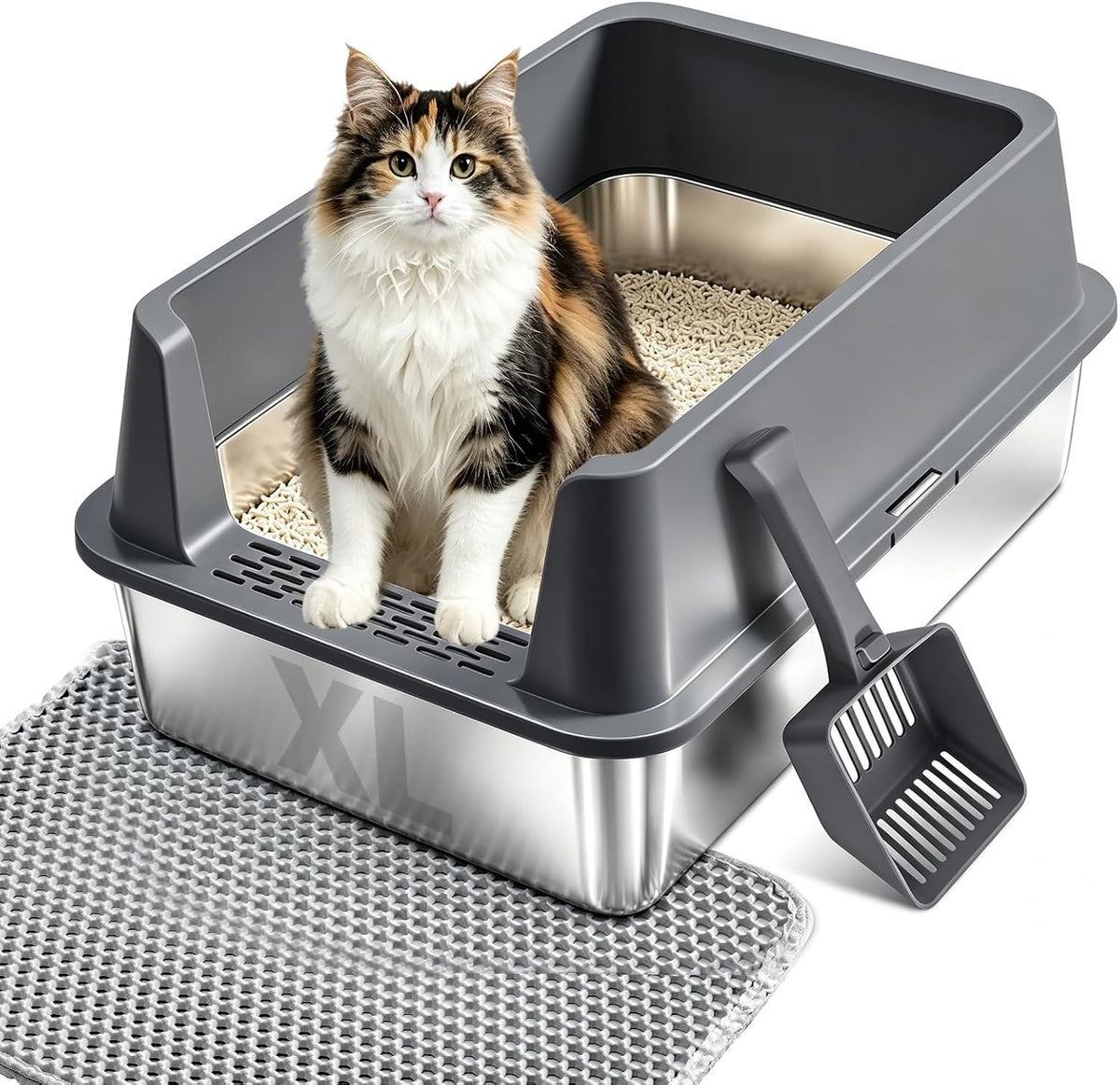 Stainless Steel Litter Box, XL Metal Litter Box with High Sides Lid