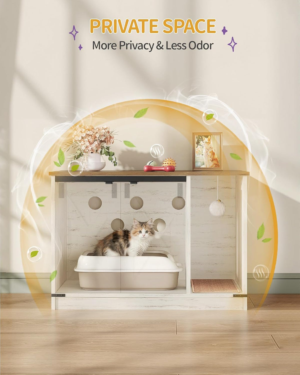 Hzuaneri Cat Litter Box Enclosure, Hidden Litter Box Cabinet Furniture | Indoor Cat House with Bell, Farmhouse Style, 31.5 x 19.7 x 20.9 Inches, for Hallway, Bedroom, Rustic Brown and White CB82414X