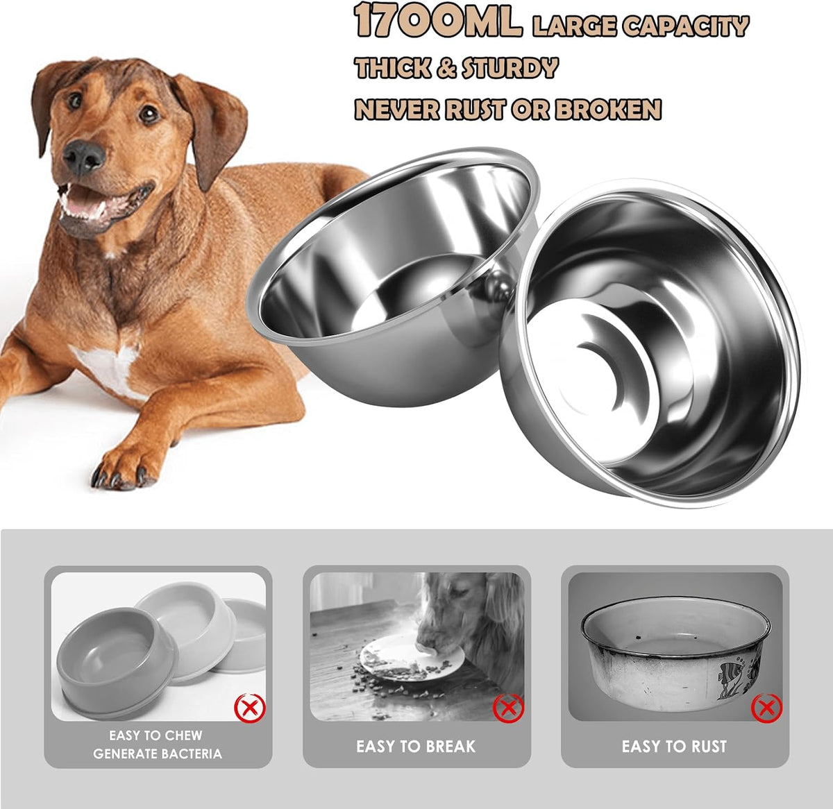 ADENGL Raised Dog Bowl Stand for Large Dogs, 10” Tall Elevated Feeder with Spill-Proof Mat, Stainless Steel 58OZ Bowls for Food & Water, Gray Color (Mat Size: 16x24”)