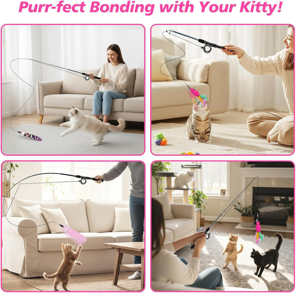 Pawaboo Cat Teaser Wand Toys, Cat Fishing Pole Toy with 3 PCS Feathers
