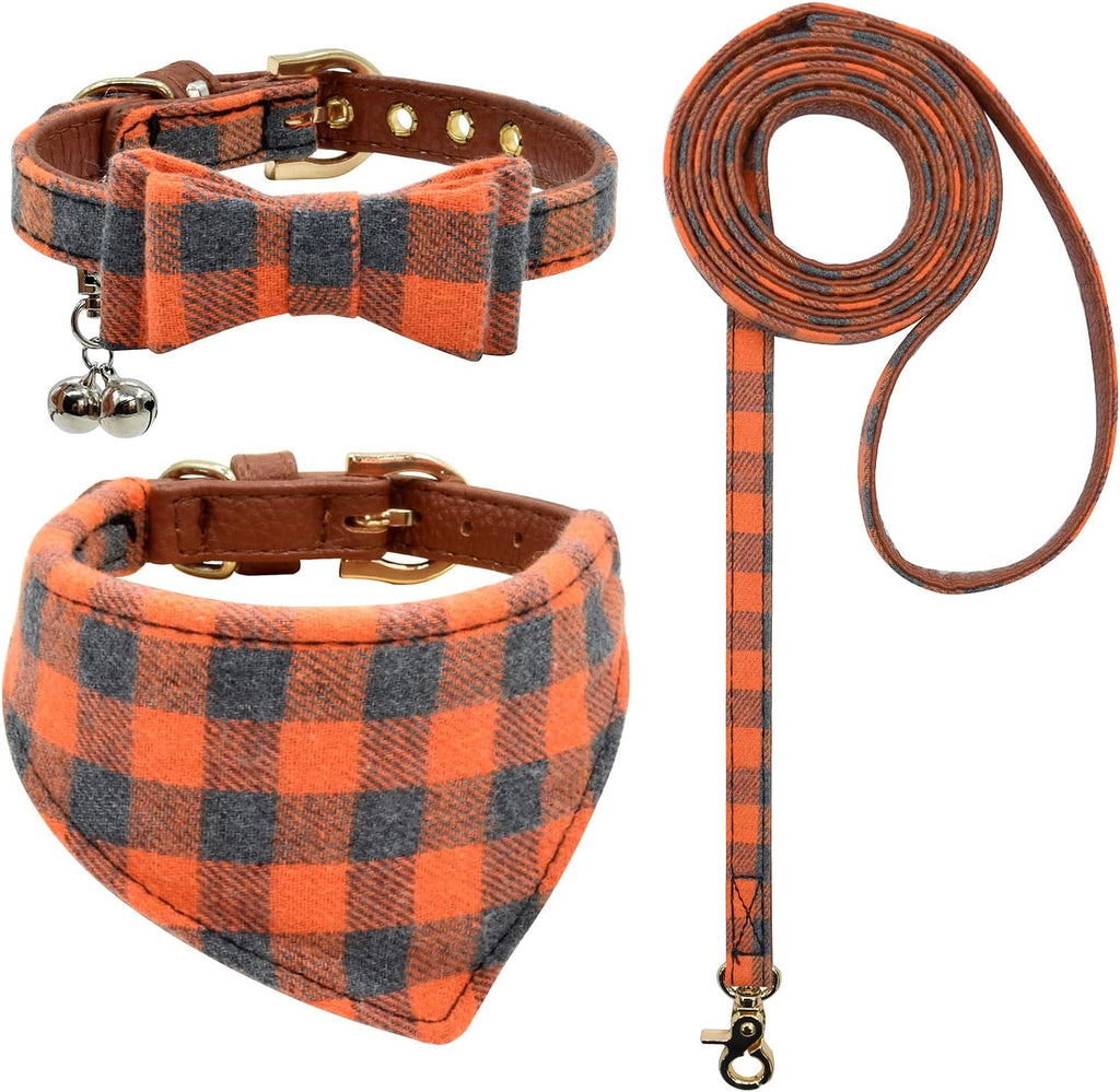 3PCS Bow Tie Dog Collar and Leash Set Plaid/Camo/Dots/Flower Dog Bandanas with Bell 3 Size Adjustable for Small Dogs Puppies and Cats (XS, Orange Plaid)