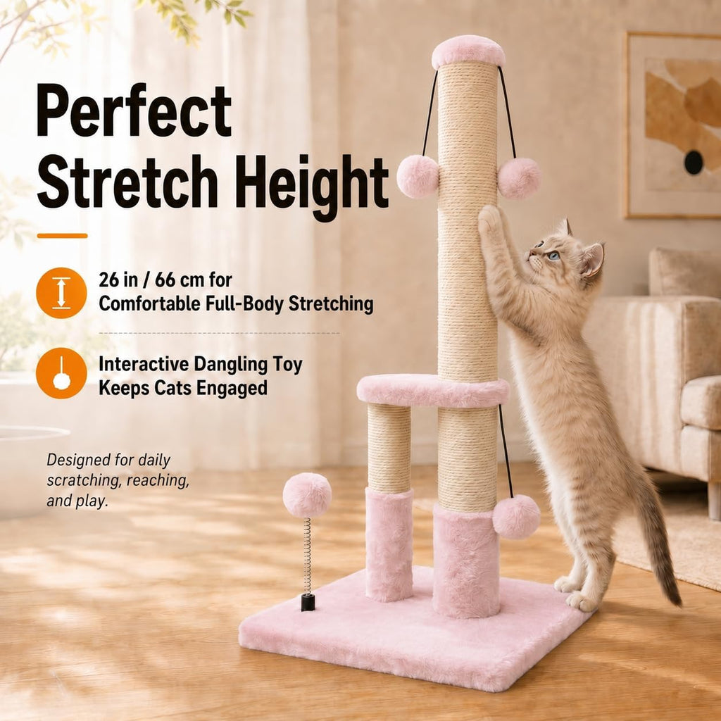 Dimaka Tall Cat Scratching Post, Double Lower Posts Extra Stable Cat Post Tree Scratcher with Sisal Rope and Teasing 4 Balls Total Large Base (Pink)