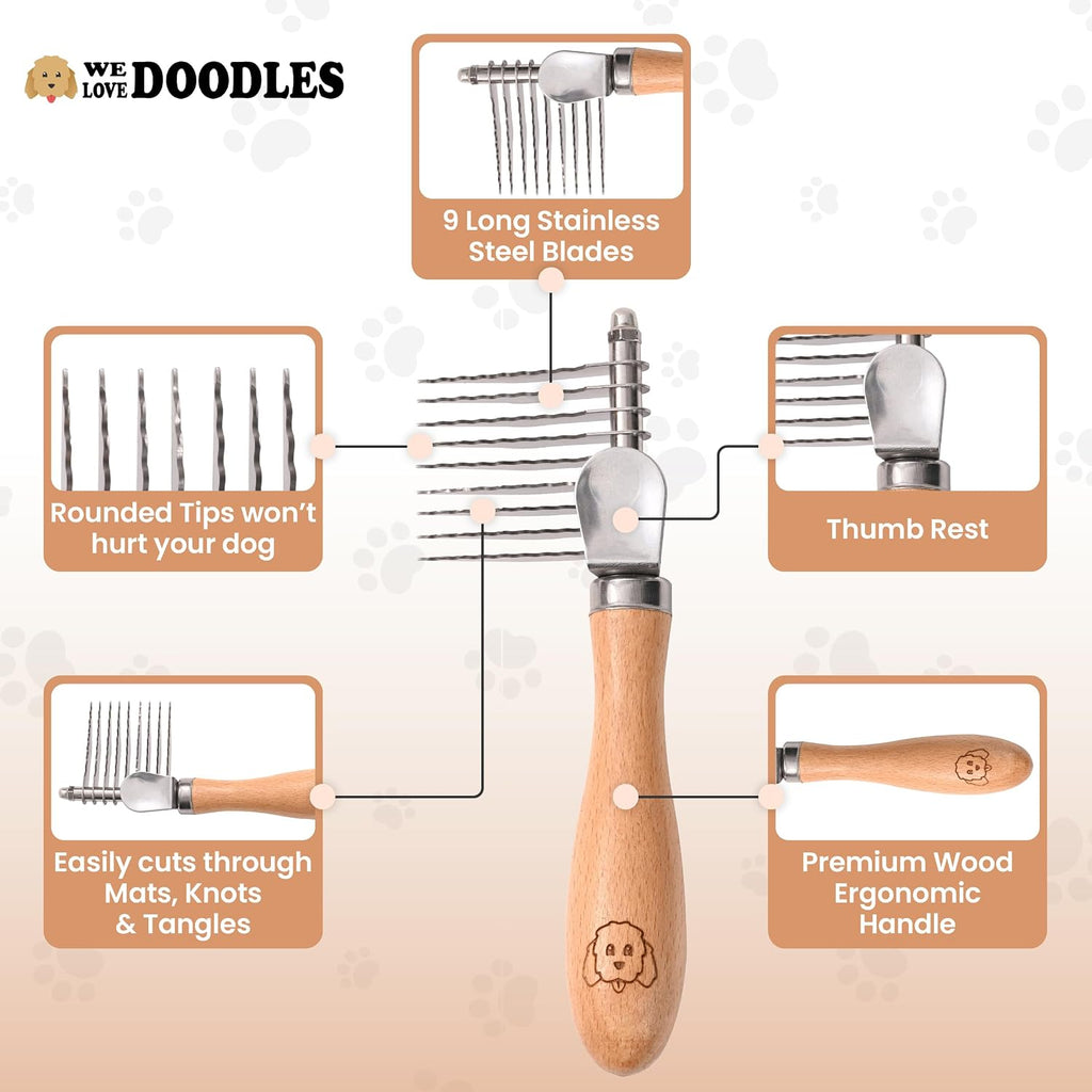 We Love Doodles Pet Dematting Comb and Pet Dematting Brush & Rake - Brown, Stainless Steel Deshedding Undercoat Rake and Detangler Brush for Dogs, Grooming Tool for Detangling, Thinning and Shedding