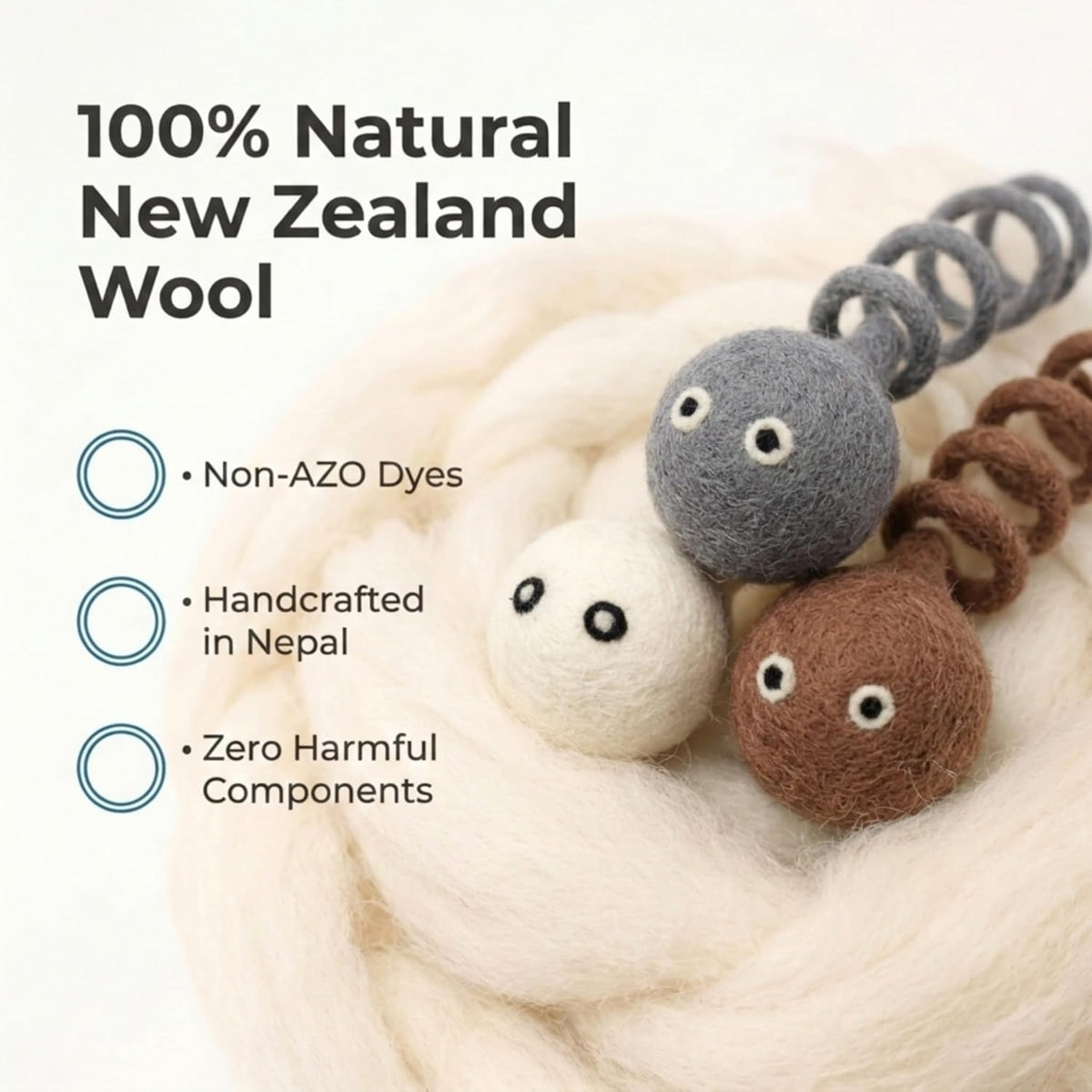 Glaciart One Wool Felt Spring Cat Toys, 3 Pack Handmade Stretchy Coil Springs for Indoor Cats & Kittens, Interactive Fuzzy Cat Toy, AZO-Free Dyes, 4 Inch