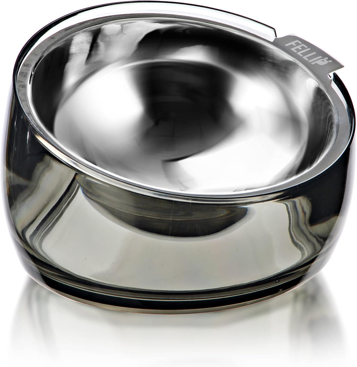 Felli Pet Oblik Acrylic Raised Dog Food Water Bowl Stainless Steel Slanted Oval Dish for Short Leg Puppy & Small Medium Pet, Elevated Tilted Metal Feeder (Smoky, 1.5 Cups Oval Dish) 