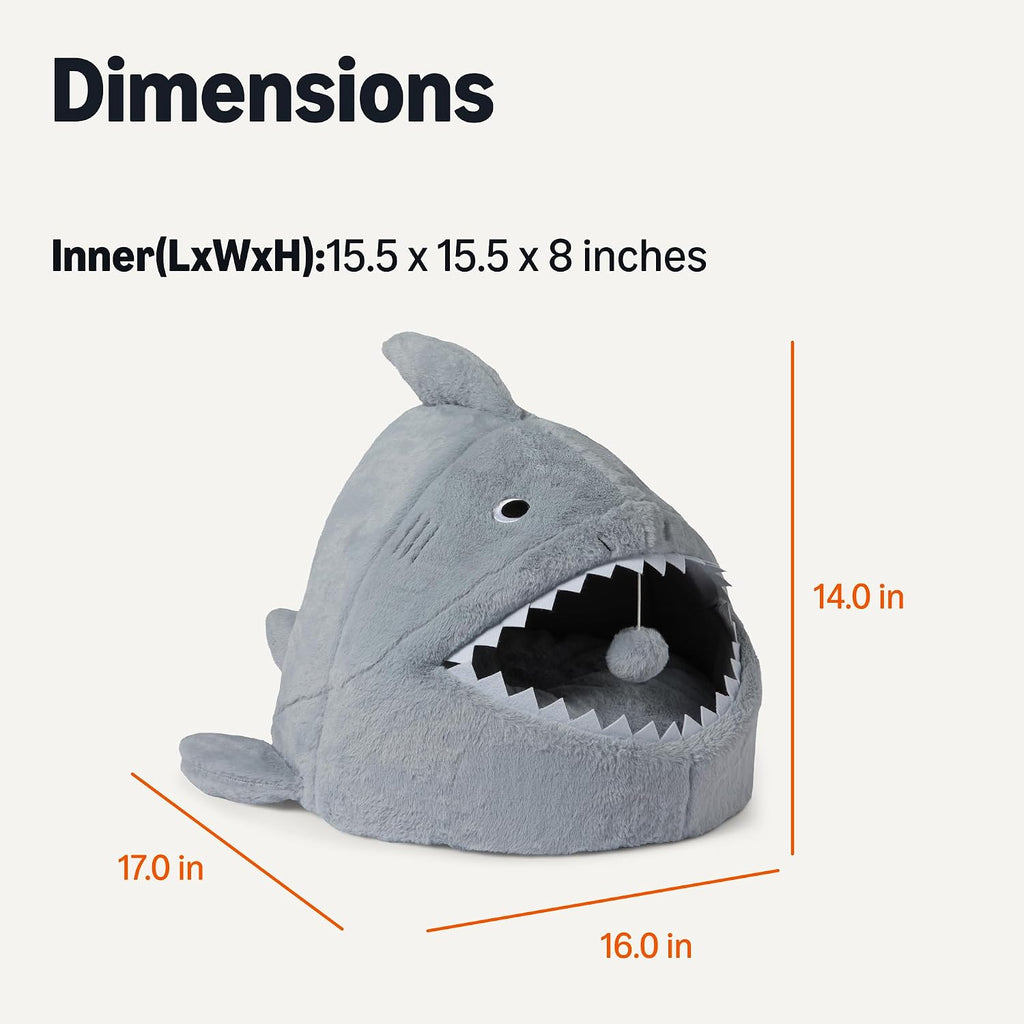 Amazon Basics Shark Shape Cat House for Indoor Cats, Enclosed Design Helps Reduce Anxiety in Nervous Pets, with Washable Cushioned Pillow, 17" x 16" x 14", Grey