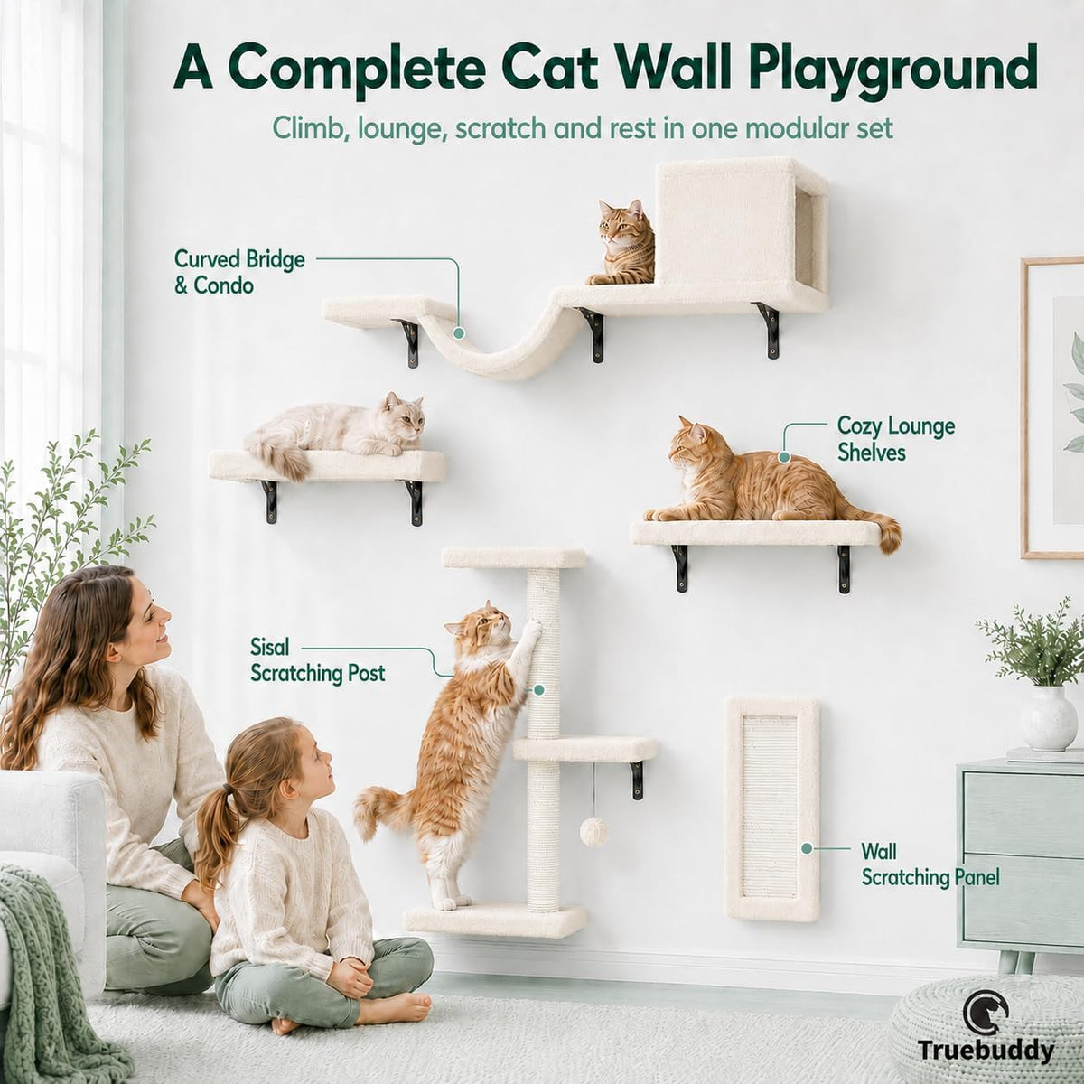 Cat Wall Shelves Set - 5 in 1 Wall-Mounted Cat Tree with Scratching Post - Perch, Condo, and Climbing Platforms - Ivory