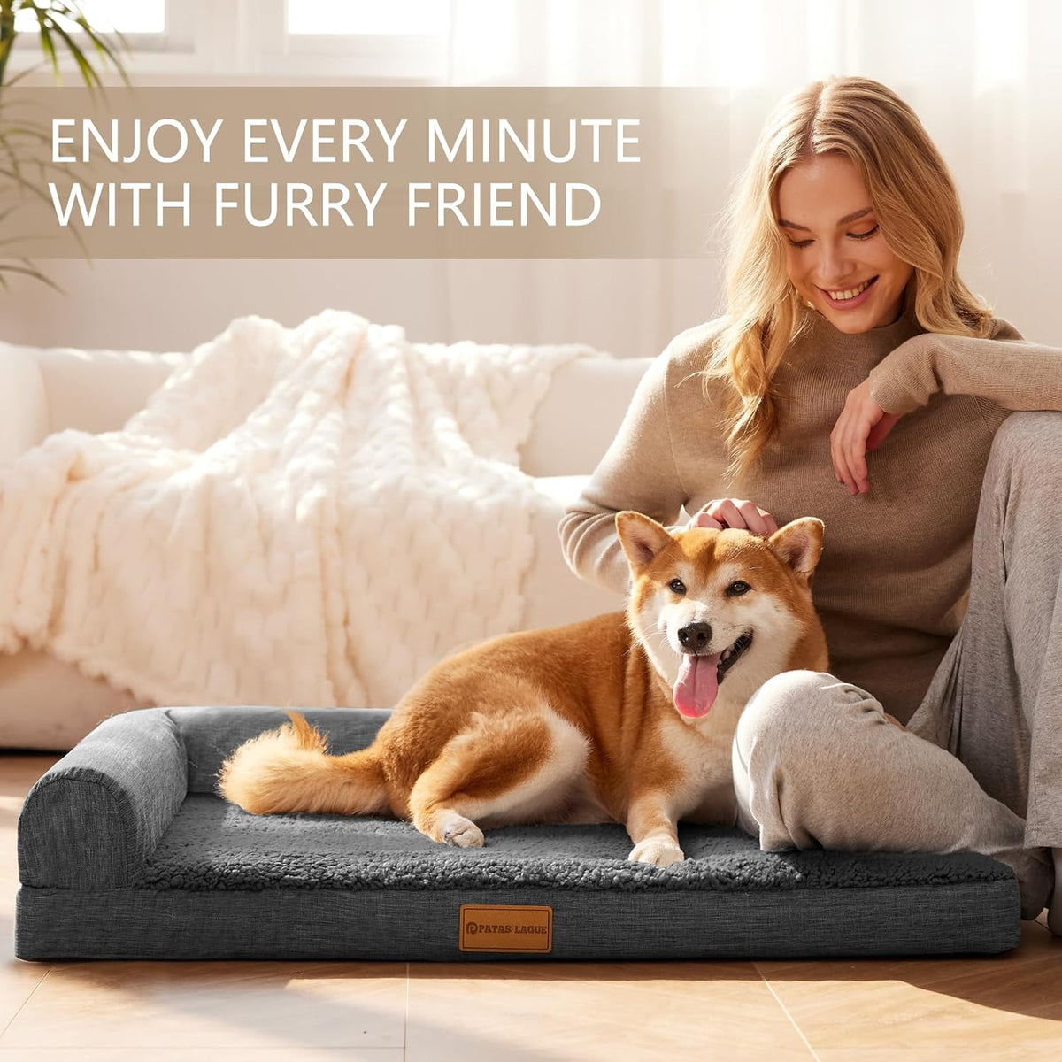 Patas Lague Orthopedic Large Dog Bed Washable Pet Sofa Bed 42X28 Dark Grey