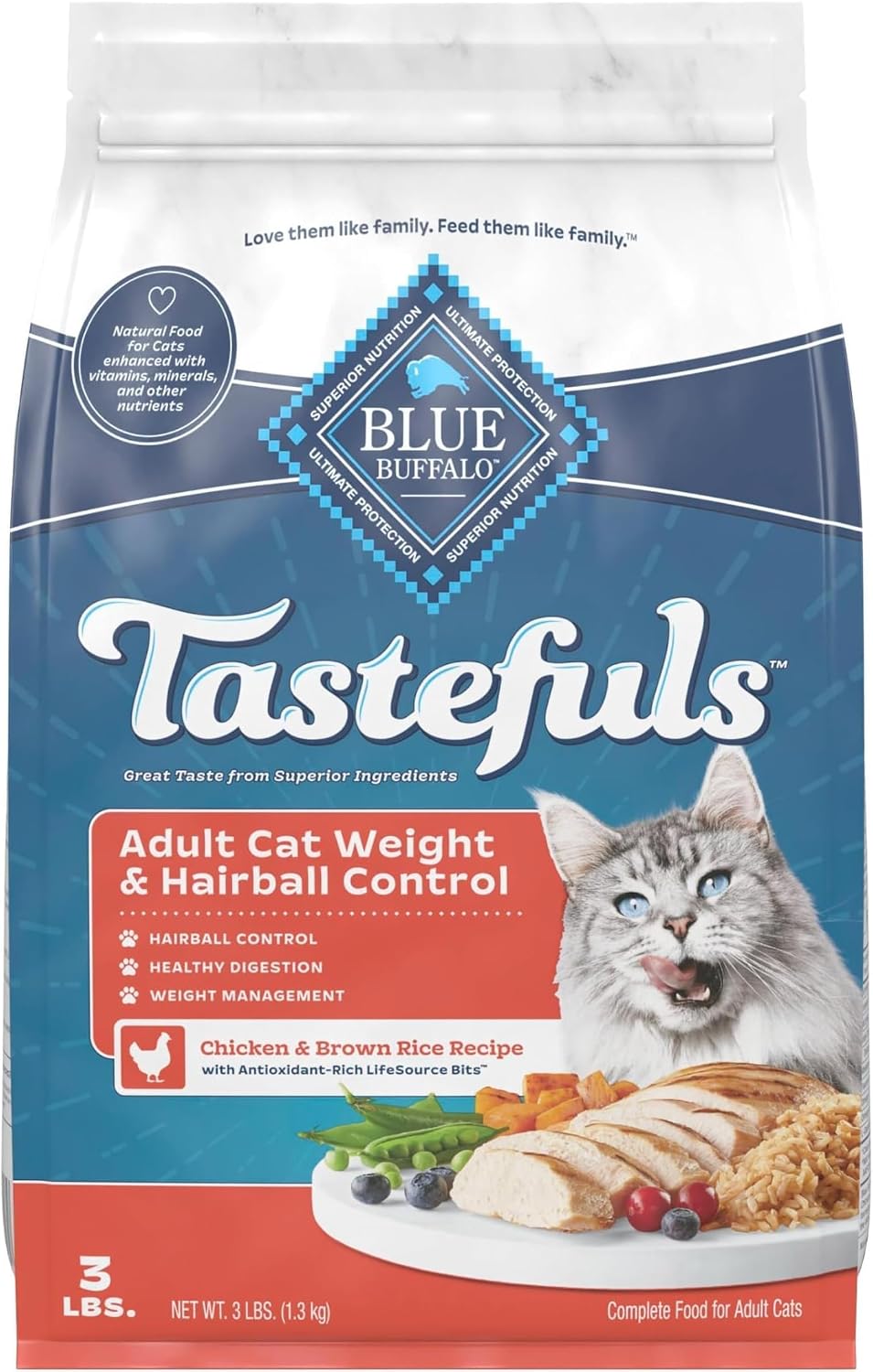 Blue Buffalo Tastefuls Chicken Weight & Hairball Control Dry Cat Food, 3 lb (Pack of 6)