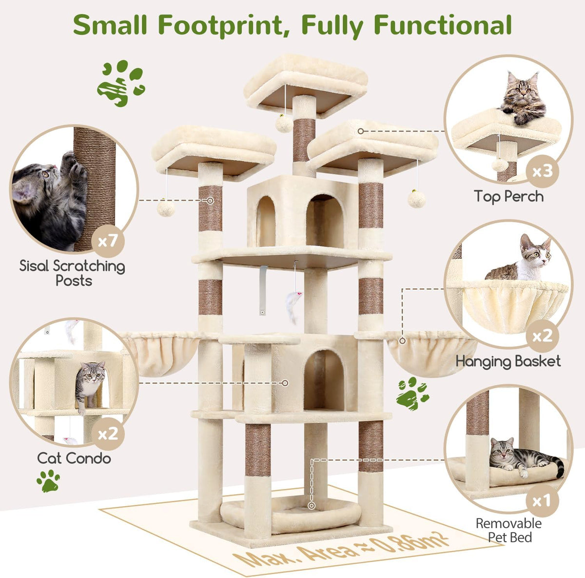Globlazer Big XL Cat Tower for Indoor Multiple Cats, F68B, Beige