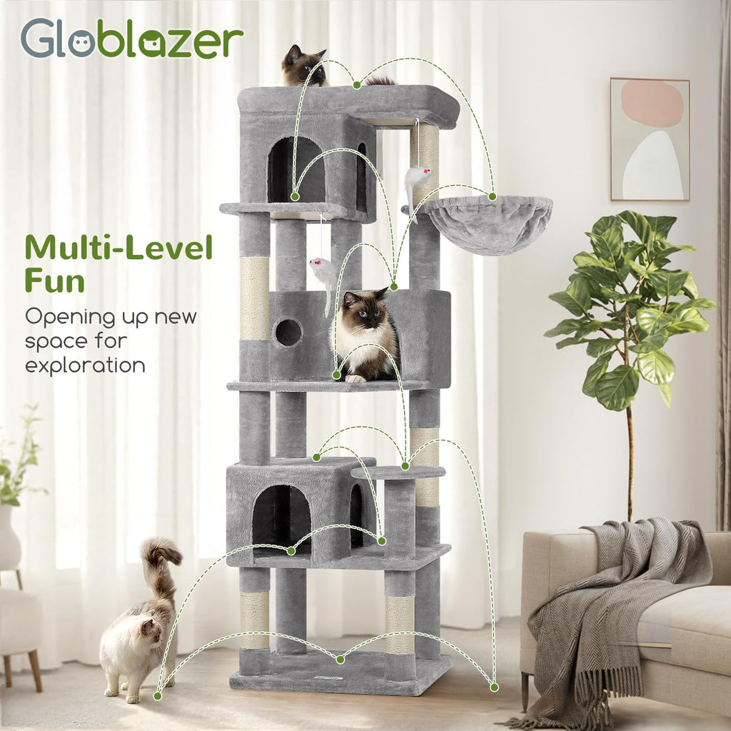 Globlazer F66 Corner Cat Tree, 66in Multi-Level Climbing Tower, Light Grey