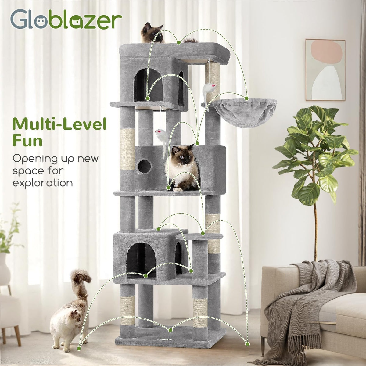 Globlazer F66 Corner Cat Tree, 66in Multi-Level Climbing Tower, Light Grey