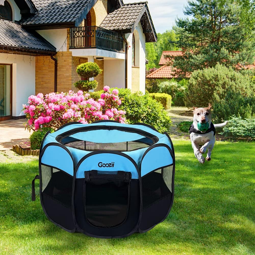 GOOZII Dog Playpen Portable Collapsible, Indoor Outdoor Pet Puppy Exercise Playpens Case with Zipper Door Top Cover Floor for Large Cat Rabbit Travel Camping (Small Size, Black/Blue)