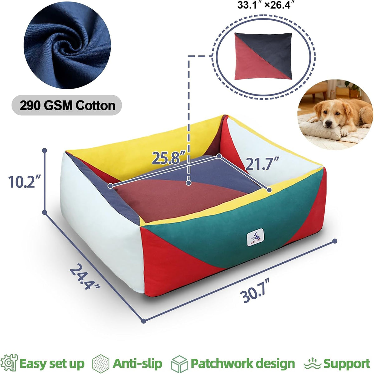 Cotton Canvas Dog Bed (290gsm Thick) 30"x25"x10" Durable Waterproof