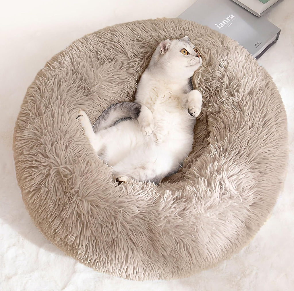 Cat Beds for Indoor Cats - Cat Bed Washable 20 inches, Dog Beds for Small Medium Dogs, Anti Anxiety Round Fluffy Plush Faux Fur Pet Bed, Thick Bottom (Light Brown, Medium)
