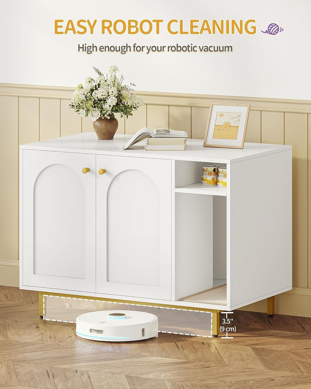 Hzuaneri Cat Litter Box Enclosure,Hidden Litter Box Furniture with Storage | Large Wooden Cabinet with Sisal Mat, Modern Cat Washroom for Living Room, Bedroom, Entryway, White and Gold CB84903A