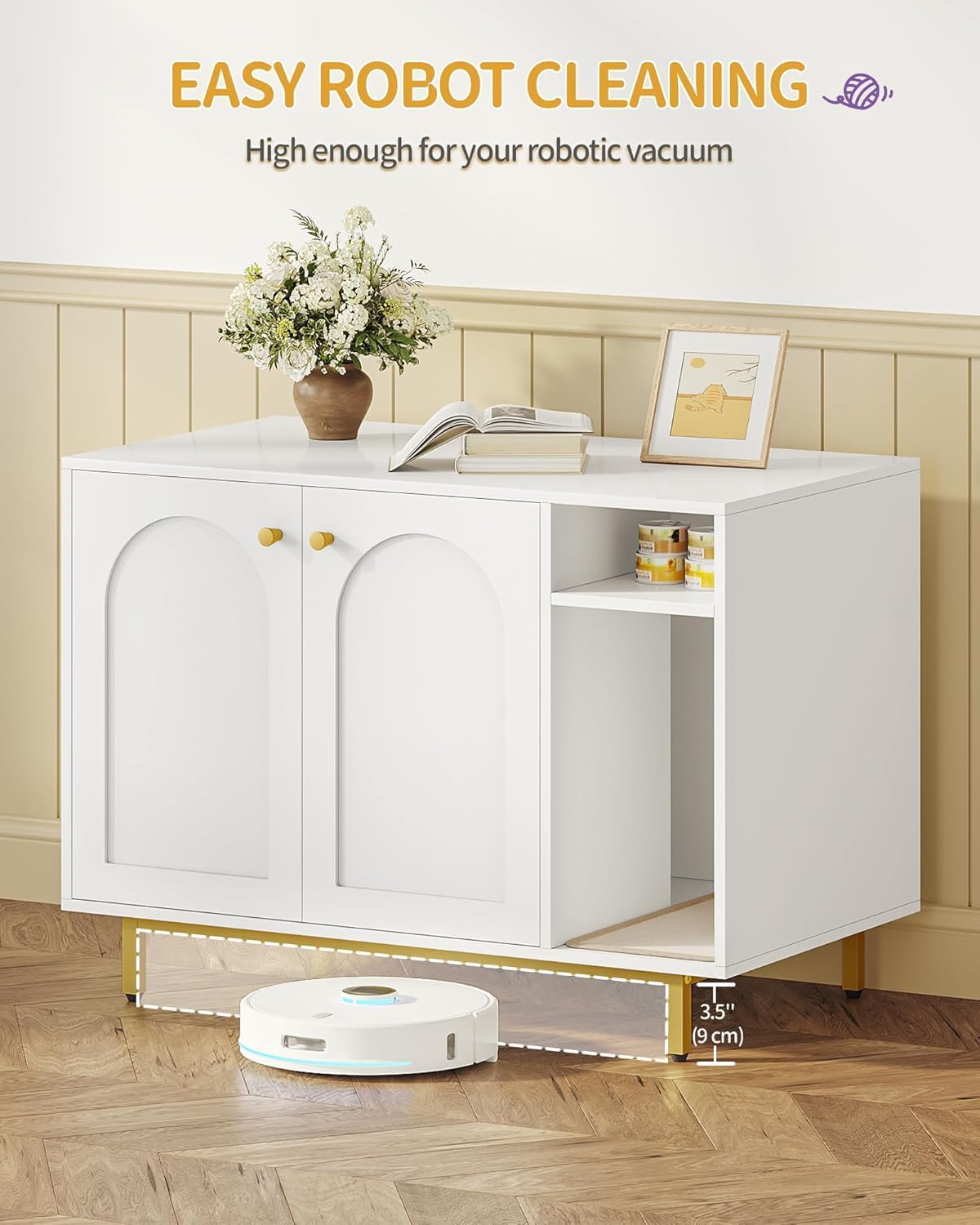 Hzuaneri Cat Litter Box Enclosure,Hidden Litter Box Furniture with Storage | Large Wooden Cabinet with Sisal Mat, Modern Cat Washroom for Living Room, Bedroom, Entryway, White and Gold CB84903A