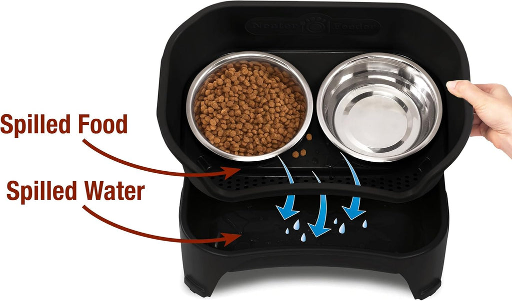 Neater Feeder - Express Model w/ Slow Feed Bowl - Mess-Proof Dog Bowls (M/L, Black) Made in USA – Elevated, No Spill, Non-Tip, Non-Slip, Raised Stainless Steel Food/Water Pet Bowls Aid Digestion 