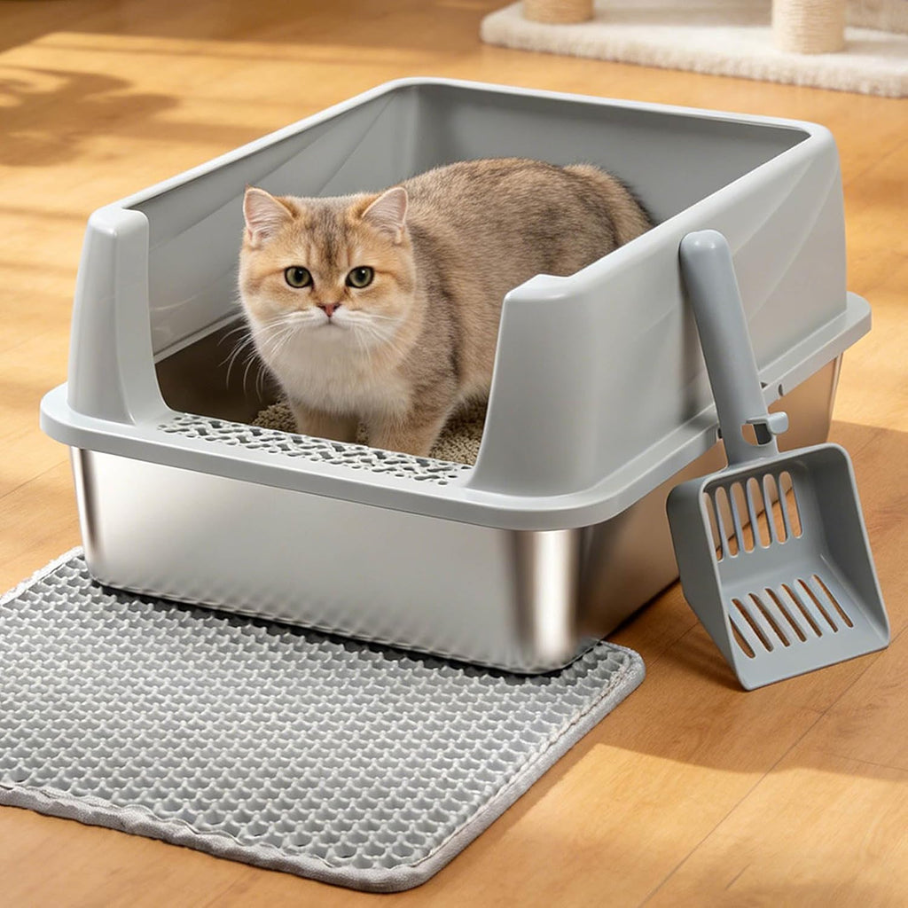 Stainless Steel Litter Box for Kitten,Metal Litter Box with Lid S | Cat Litter Box High Sides,Small Cats,Open Design,Indoor,1-Mat and 1-Scoop,Easy to Clean, No Odor,Anti-Urine Leakage