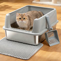 Stainless Steel Litter Box for Kitten,Metal Litter Box with Lid S | Cat Litter Box High Sides,Small Cats,Open Design,Indoor,1-Mat and 1-Scoop,Easy to Clean, No Odor,Anti-Urine Leakage