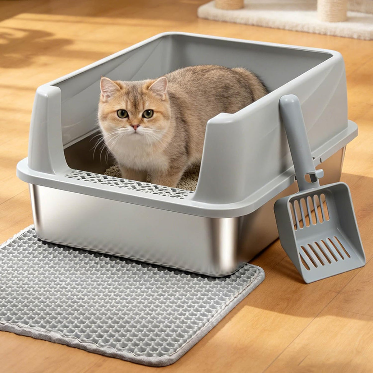 Stainless Steel Litter Box for Kitten,Metal Litter Box with Lid S | Cat Litter Box High Sides,Small Cats,Open Design,Indoor,1-Mat and 1-Scoop,Easy to Clean, No Odor,Anti-Urine Leakage