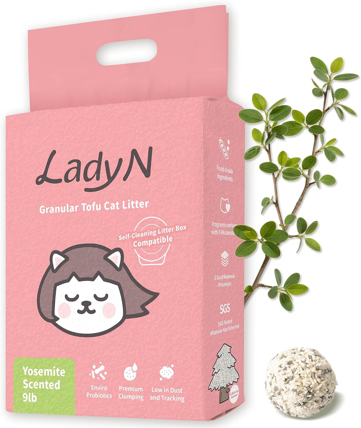 Lady N Tofu Cat Litter, Low Dust Compatible with Auto-Box Yosemite 9lb | Mini-Pellet Shape, Premium Clumping, Ultra Absorbent, Odor Control, Yosemite Scent, Woody Scent