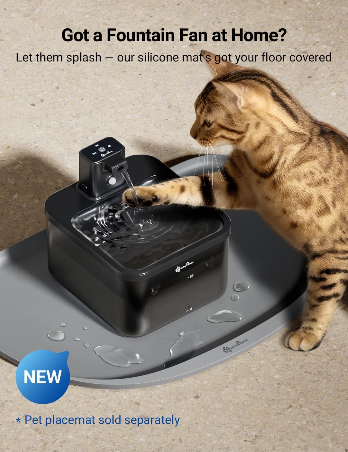 DownyPaws Cat Water Fountain Cordless, Pet Fountain, Black, 6 Filters