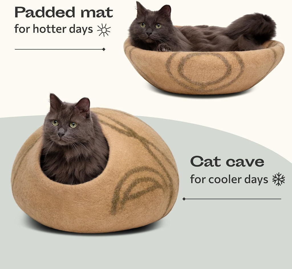 MEOWFIA Cat Cave - New Zealand Wool Bed for Indoor Cats (Beige)