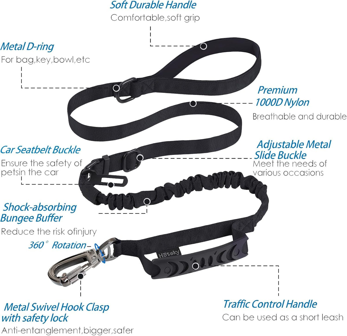 Hotsky Tactical Bungee Shock Absorbing No Pull Strong Dog Leash,Black,4-6FT