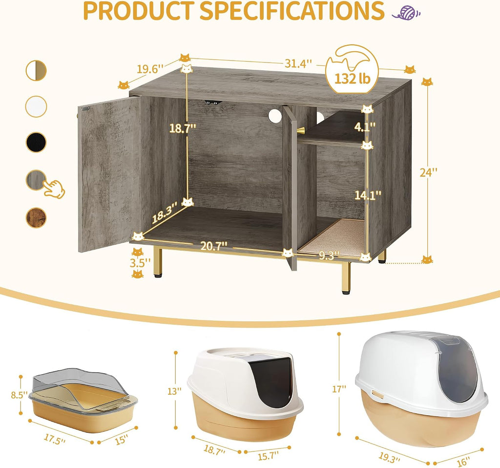 Hzuaneri Cat Litter Box Enclosure, Hidden Litter Box Furniture with Storage | Large Wooden Cabinet with Sisal Mat, Modern Cat Washroom for Living Room, Bedroom, Entryway, Greige and Gold CB01505G