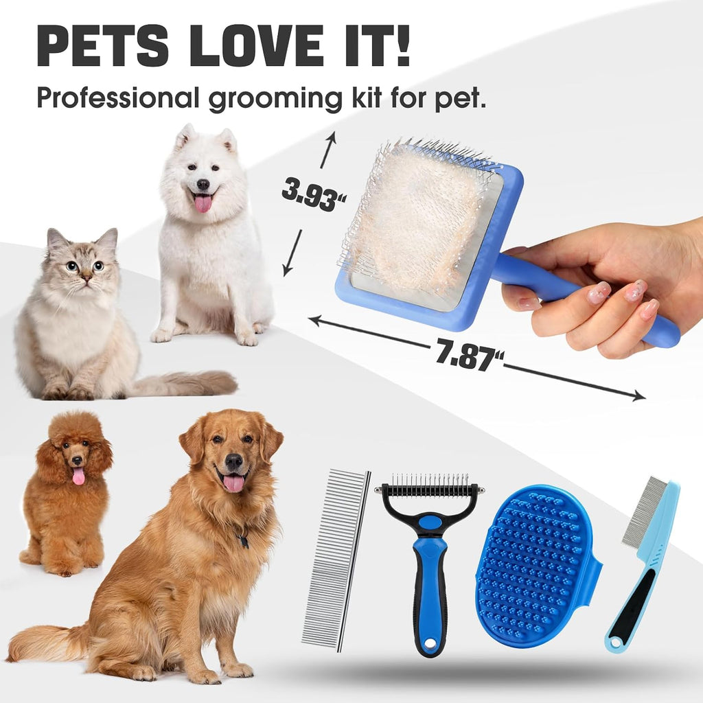 Bonteck Dog Slicker Brush for Dogs Grooming Kit 5PCS Long Haired Doodles | Goldendoodles Poodles, Skin Friendly Deshedding, Comb and Rake, Removes Undercoat, Professional Detangling, Large, Blue