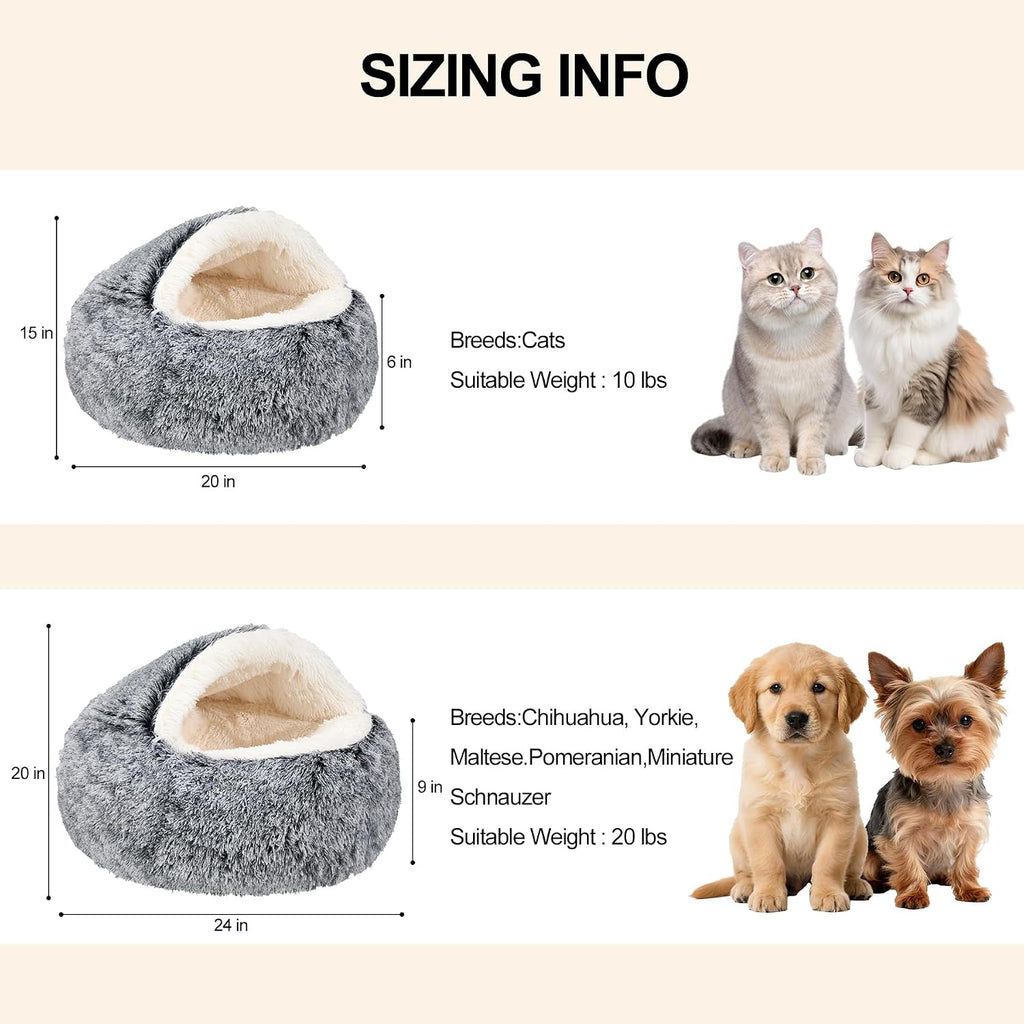 Calming Dog Beds & Cat Cave Bed with Hooded Cover,Removable Washable Round Beds for Small Medium Pets,Anti-Slip Faux Fur Fluffy Coved Bed for Improved Sleep,Fits up to 15/25 lbs(Grey,M)