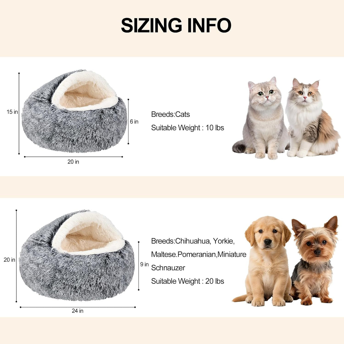 Calming Dog Beds & Cat Cave Bed with Hooded Cover,Removable Washable Round Beds for Small Medium Pets,Anti-Slip Faux Fur Fluffy Coved Bed for Improved Sleep,Fits up to 15/25 lbs(Grey,M)