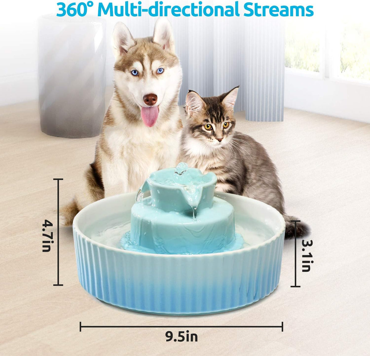 2.1L Ceramic Cat Water Fountain-for Cats and Dogs, 360 Ceramic Pet Fountain-70 Oz Large Water Capacity - Whisper-Quiet Water Flow-Great for Shy or Timid Pets - Fresh, Filtered Water (Blue)
