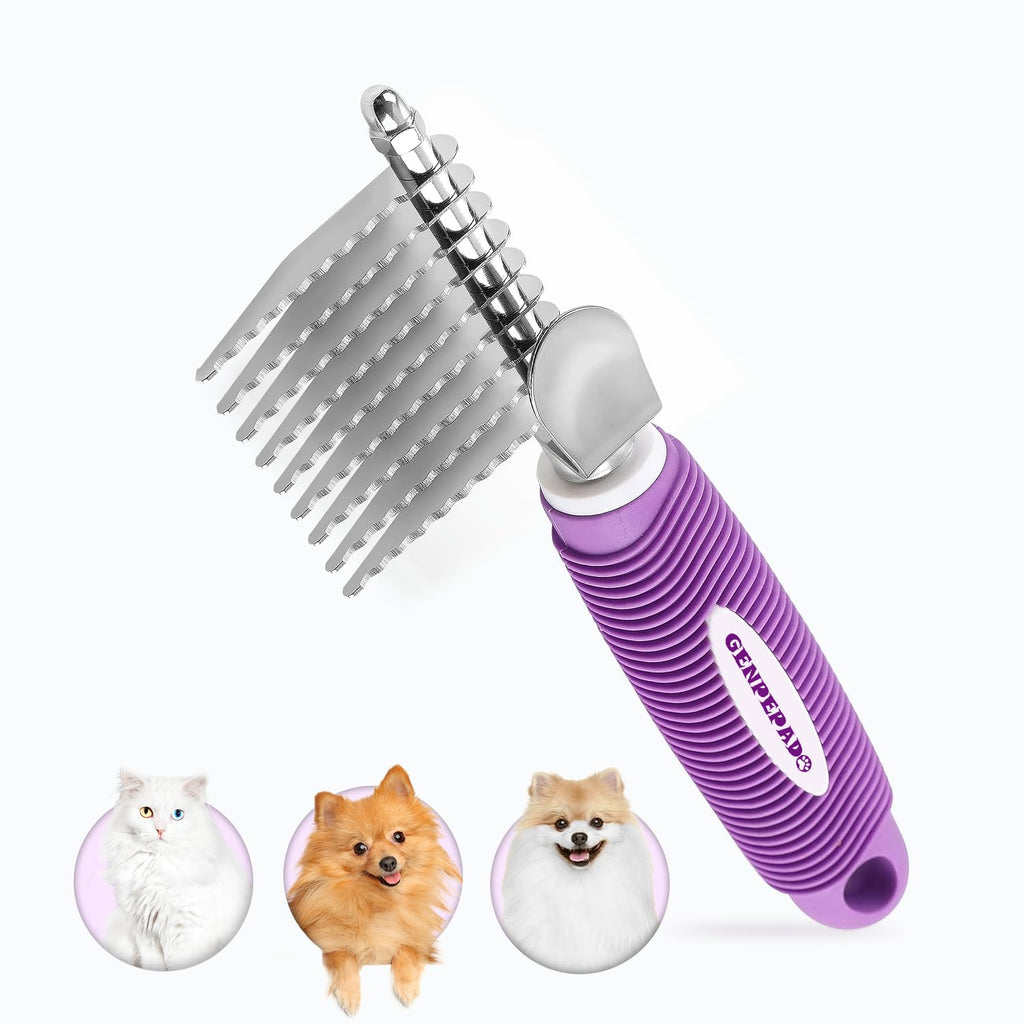 GENPEPADO Dematting Undercoat Rake Comb for Dogs & Cats with Long 2.5-In Stainless Steel Safety Blades for Removing Knots, Mats & Tangles - Pet Grooming Deshedding Brush Tool with Anti-Slip Grip